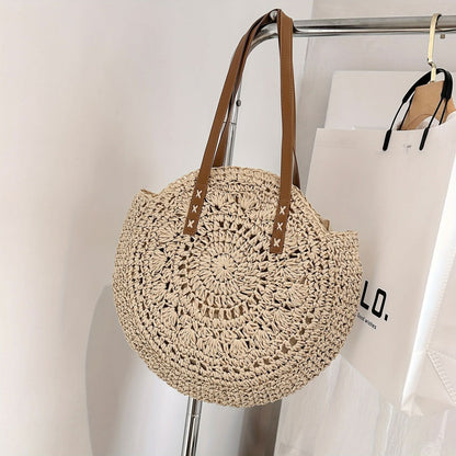 Straw Woven Casual Tote Bag, Double Handle Literary Beach Bag, Round Shape Portable Braided Bag - LustMia