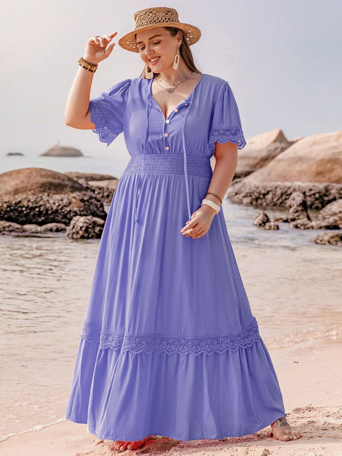 Plus Size Lace Detail Tie Neck Short Sleeve Maxi Dress - LustMia