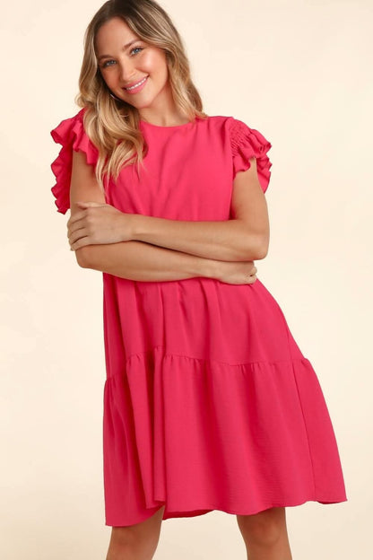 Haptics Full Size Smocking Ruffle Short Sleeve Dress with Pockets - LustMia