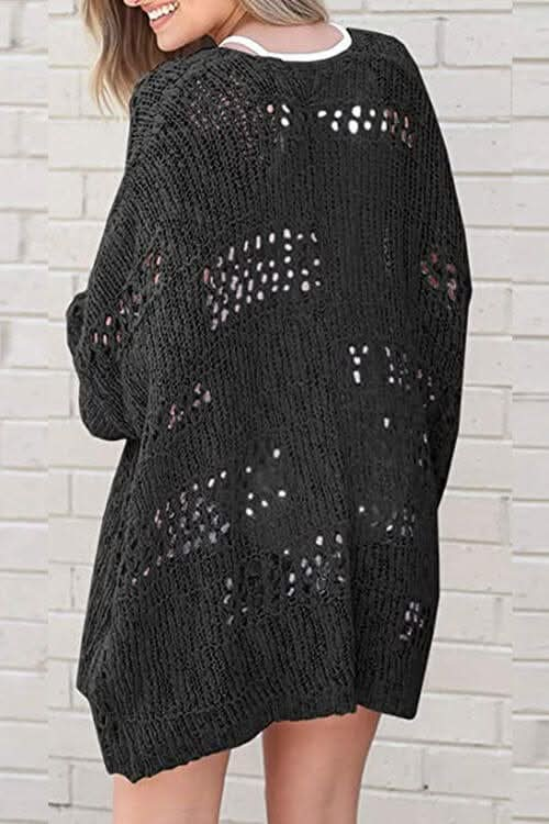 Openwork Open Front Long Sleeve Cardigan - LustMia