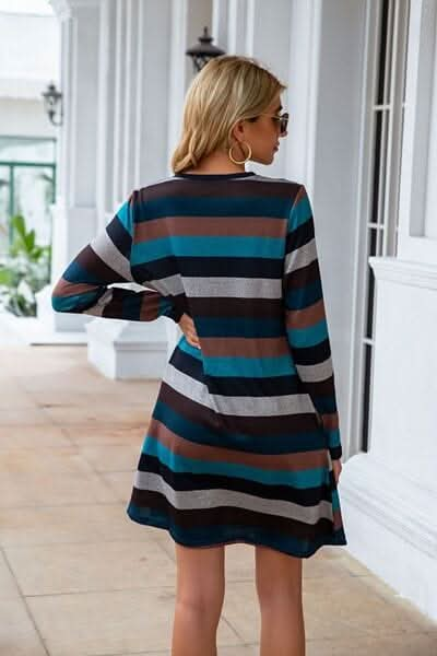 Striped Round Neck Long Sleeve Dress - LustMia