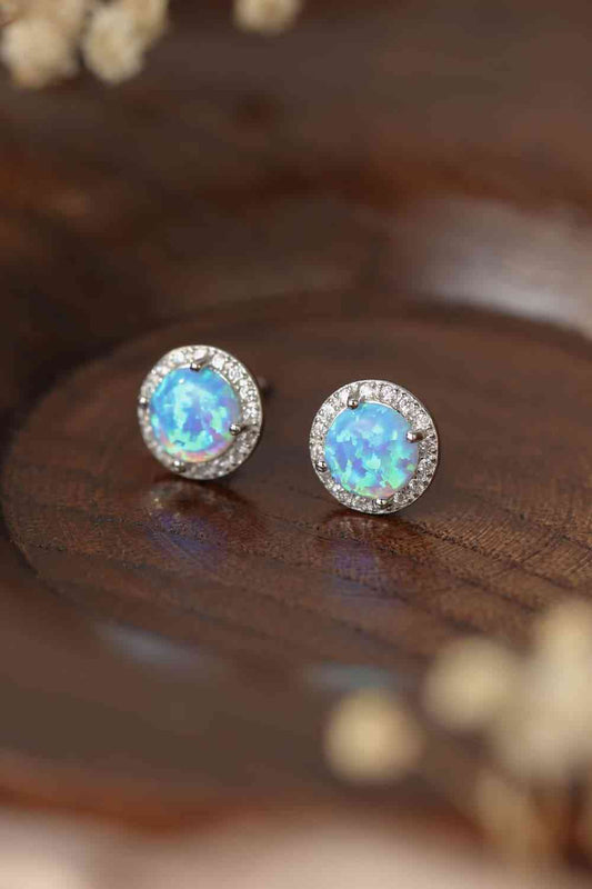 925 Sterling Silver Platinum - Plated Opal Round Stud Earrings - LustMia