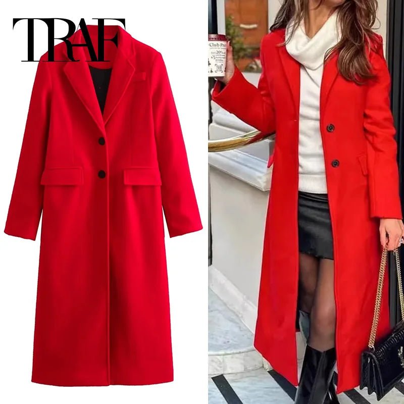 Women's Coats Red Long Coat Women Autumn Elegant Coats Woman Winter - LustMia