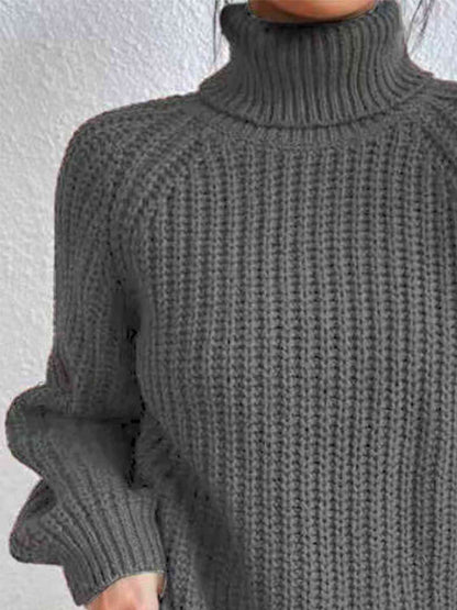 Full Size Turtleneck Rib - Knit Slit Sweater - LustMia