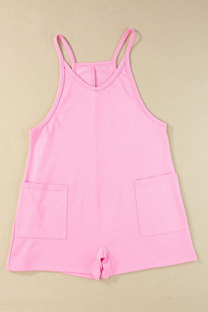 Pink Sleeveless Pocketed V Neck Jersey Romper - LustMia