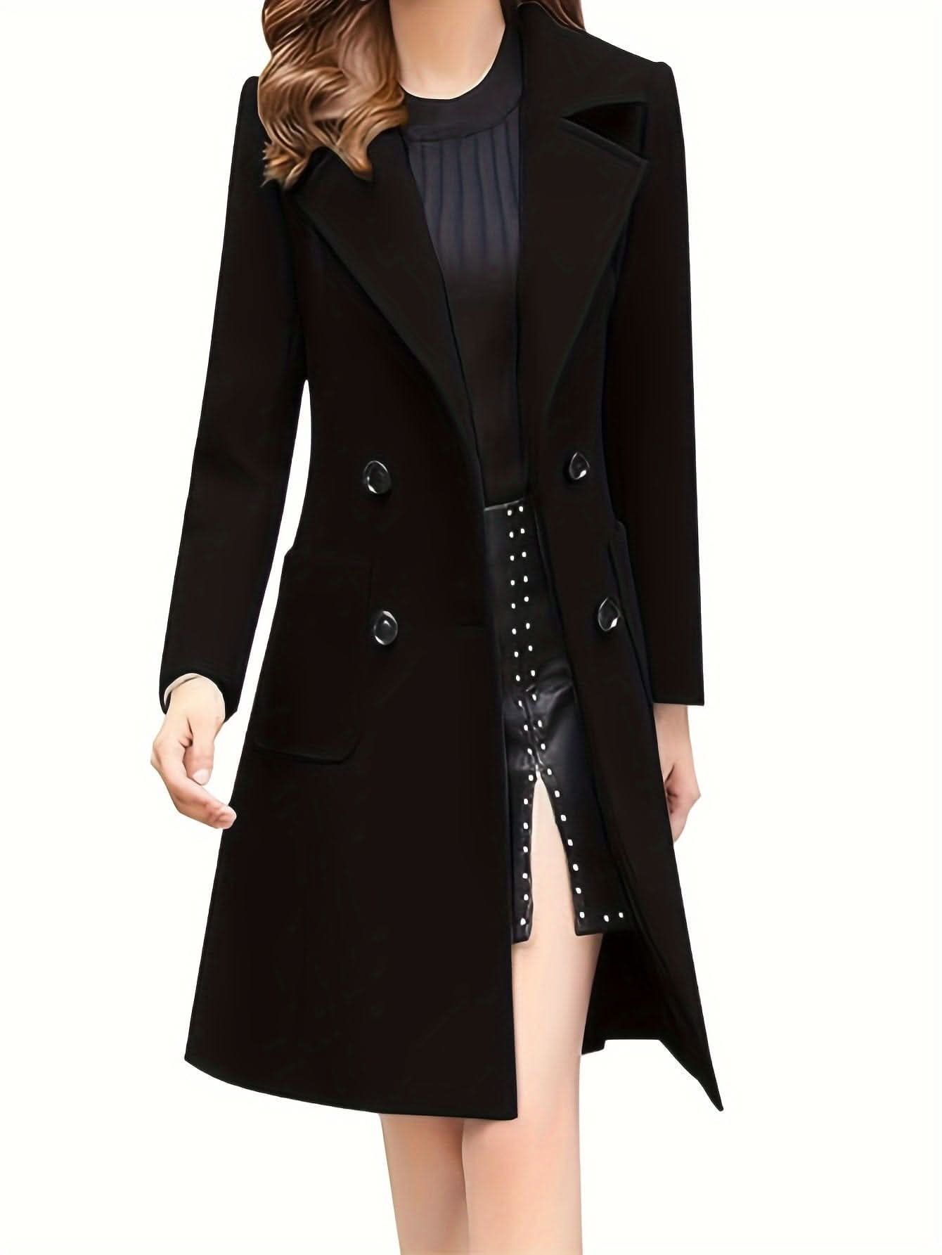 Women Winter Mid - Long Coat Notch Double - Breasted Lapel Jacket Outwear - LustMia