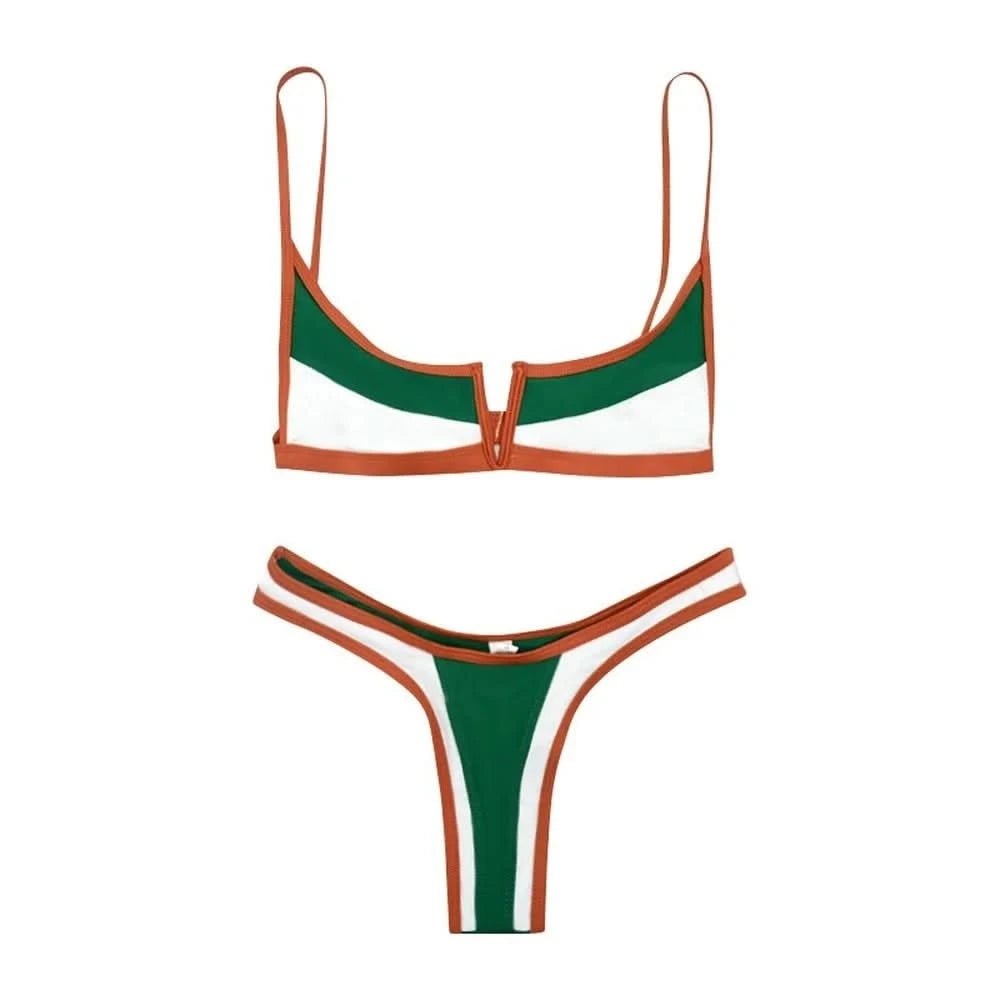 2022 Summer Bathing Suit Women V - bar Green Bathing Suits Vintage Bikini Patchwork Swimsuit Thong Brazilian Sexy Swimwear - LustMia