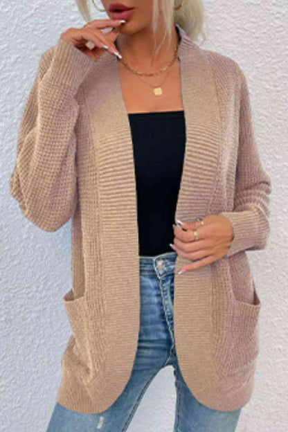 Open Front Rib - Knit Cardigan with Pockets - LustMia