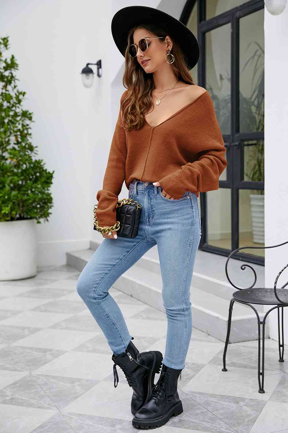 V - Neck Drop Shoulder Long Sleeve Knit Top - LustMia