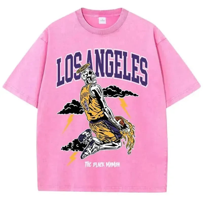 American Vintage T-Shirt Men Los Angeles Skeleton Basketball Player Washed and Worn Out Short Sleeve Loose Oversized Cotton Tops - LustMia