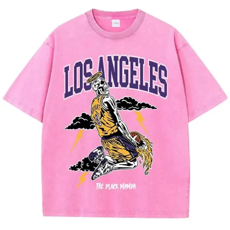American Vintage T-Shirt Men Los Angeles Skeleton Basketball Player Washed and Worn Out Short Sleeve Loose Oversized Cotton Tops - LustMia