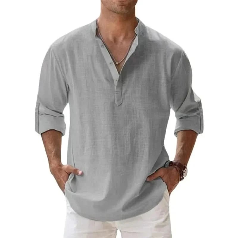 Spring New Men's Casual Slim Fit Polo Shirt Solid Color Breathable Button Long Sleeved Top Refreshing and Comfortable T-shirt - LustMia