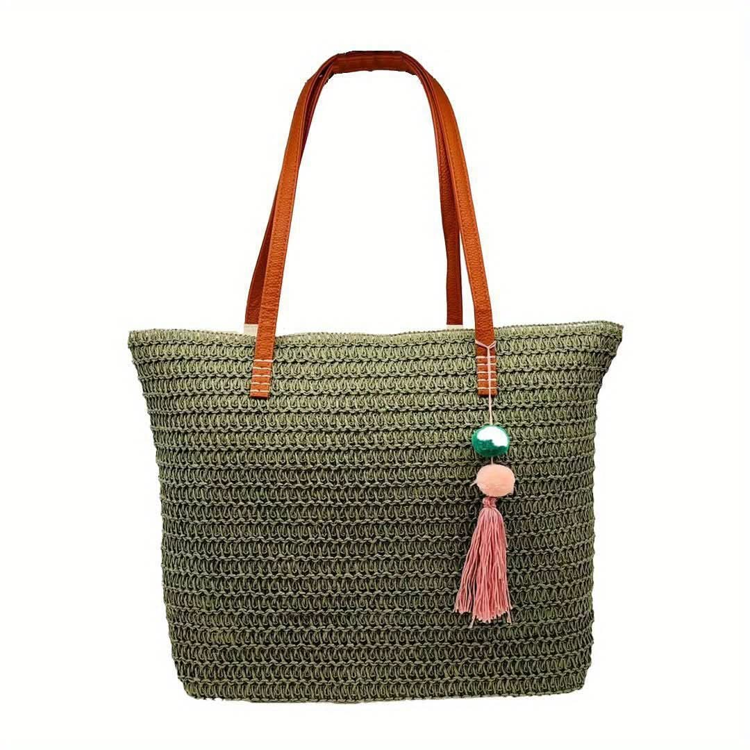 1pc, Woven Tote Bag, Stylish Straw Beach Bag, Mummy Bag With Tassel Charm, Fashionable Crafted Shoulder Bag For Summer Outings - LustMia