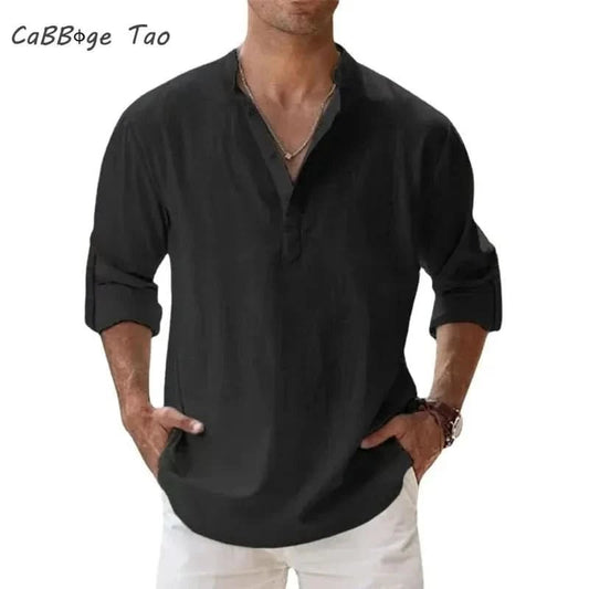 Spring New Men's Casual Slim Fit Polo Shirt Solid Color Breathable Button Long Sleeved Top Refreshing and Comfortable T-shirt - LustMia