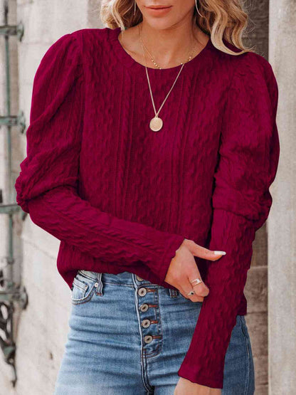 Round Neck Puff Sleeve Knit Top - LustMia