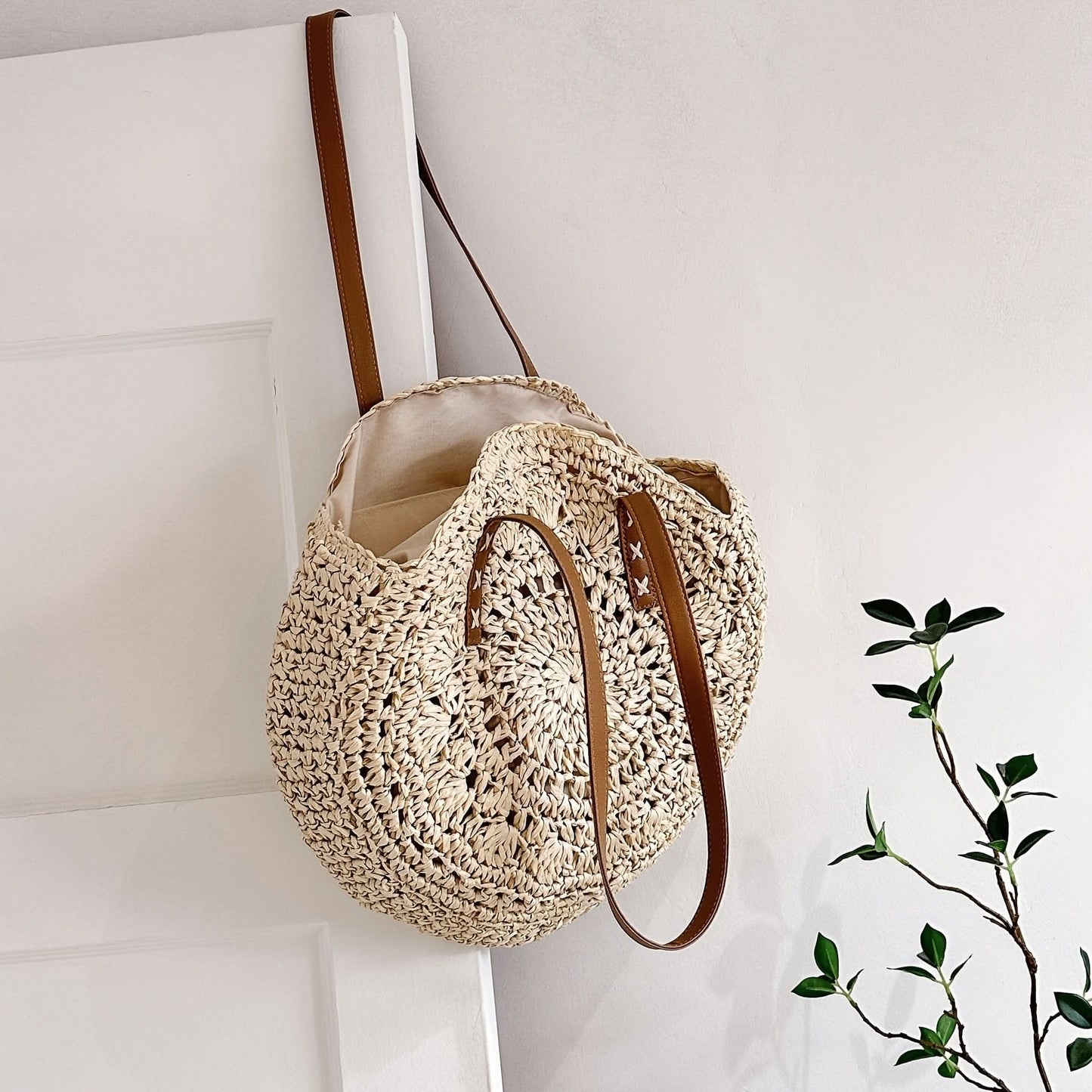 Straw Woven Casual Tote Bag, Double Handle Literary Beach Bag, Round Shape Portable Braided Bag - LustMia