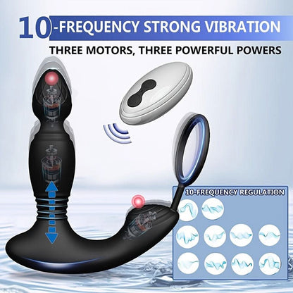 Potent 3 - Motor Thrusting Anal Vibrator with Penis Ring & Prostate Massage - 10 Modes, Waterproof, USB - Powered with Infrared Remote Control, Latex - Free - LustMia