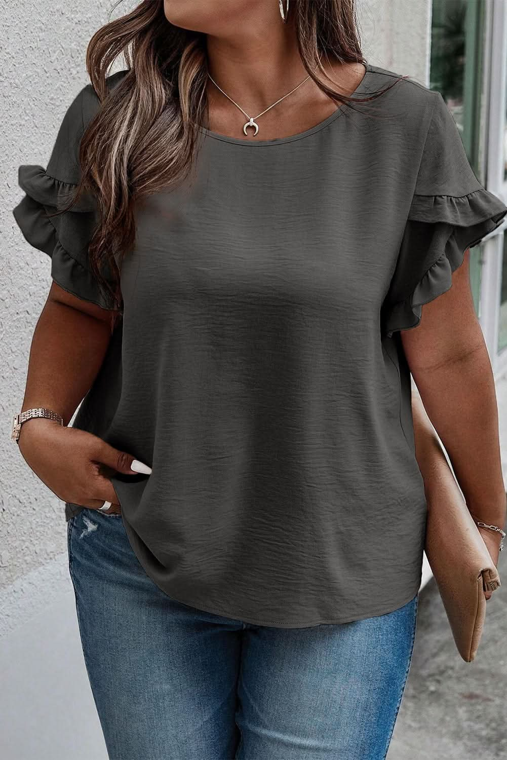 Plus Size Ruffled Round Neck Short Sleeve Blouse - LustMia