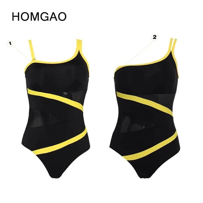 HOMGAO Sexy Mesh One - Piece Swimwear Women One Shoulder Swimsuit Bodysuit Beachwear Brazilian Bathing Suits Summer Monokini - LustMia