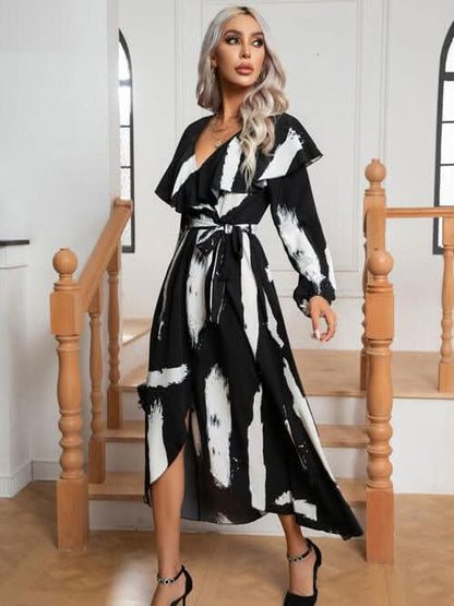 Printed Tie Front Ruffle Trim Long Sleeve Dress - LustMia