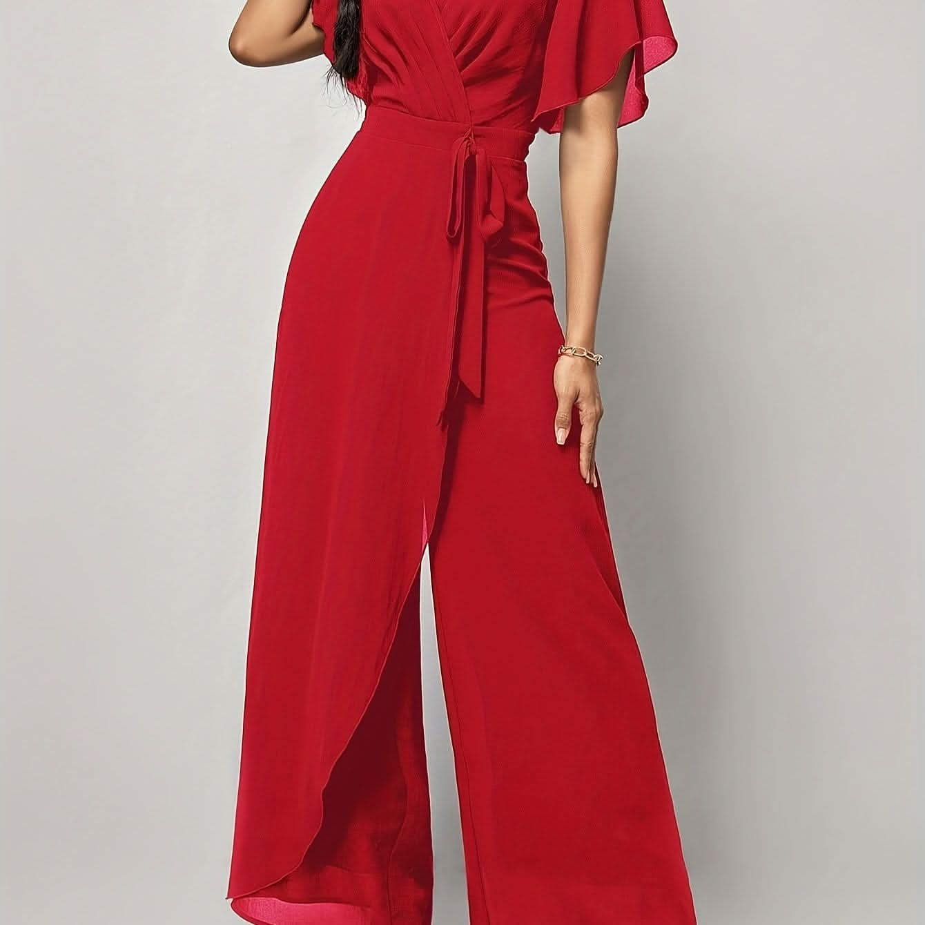 Chic WideLeg Surplice Jumpsuit Flattering Backless Adjustable Tie Waist - LustMia