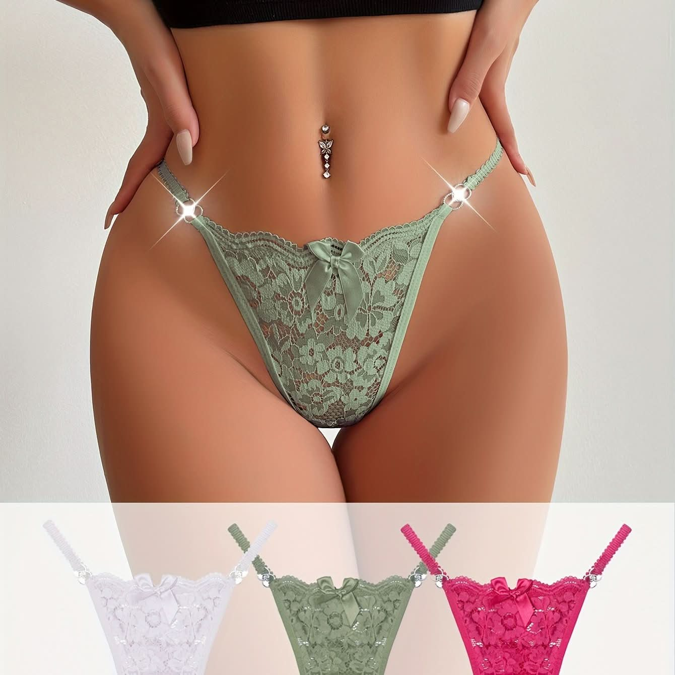 3pcs Floral Lace Bow Thongs, Semi - sheer Ring Linked Panties, Women's Lingerie & Underwear - LustMia