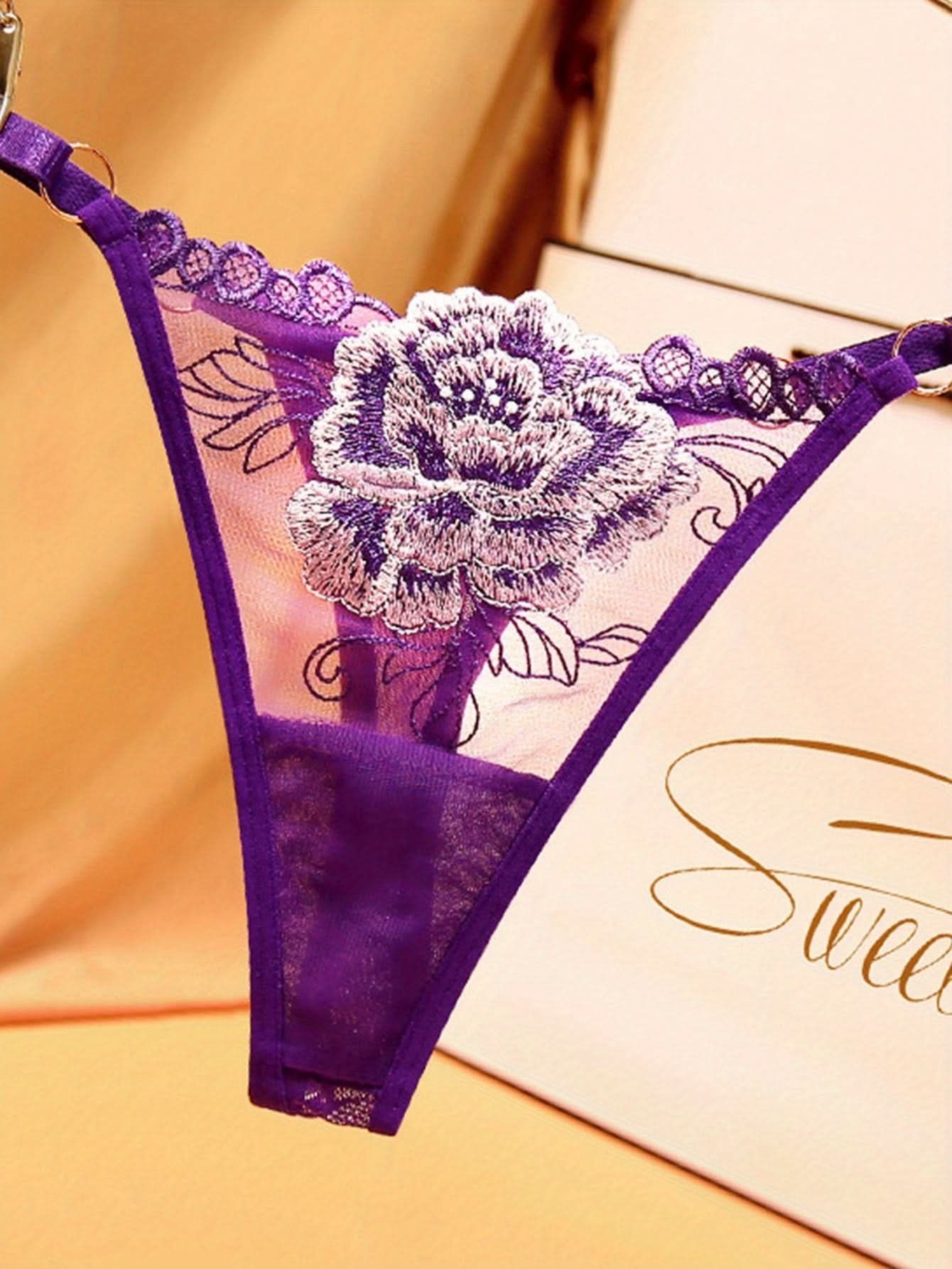 5pcs Floral Embroidery Thongs, Semi Sheer Ring Linked Mesh Panties, Women's Sexy Lingerie & Underwear - LustMia