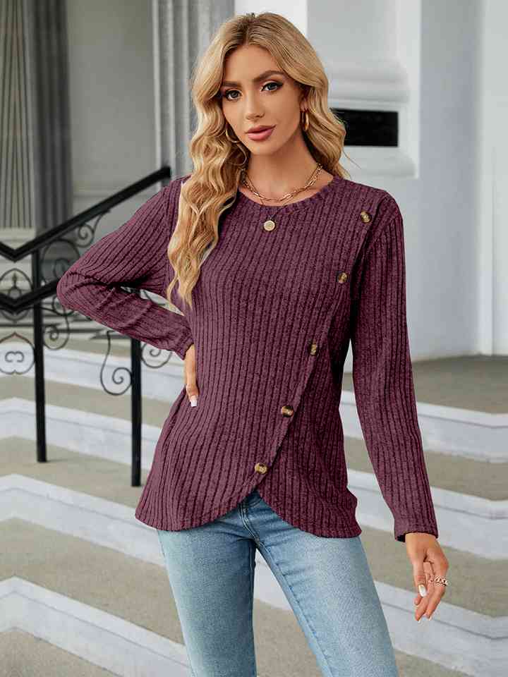 Round Neck Ribbed Button Detail Blouse - LustMia