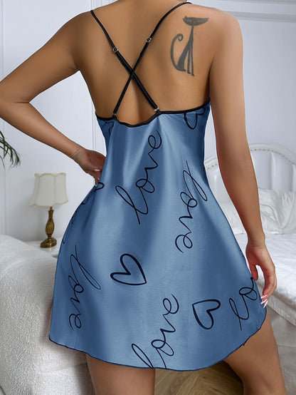 Heart & Love Print Nightdress, Alluring Backless Cross Spaghetti Strap Sleep Dress, Women's Sleepwear & Dresses - LustMia