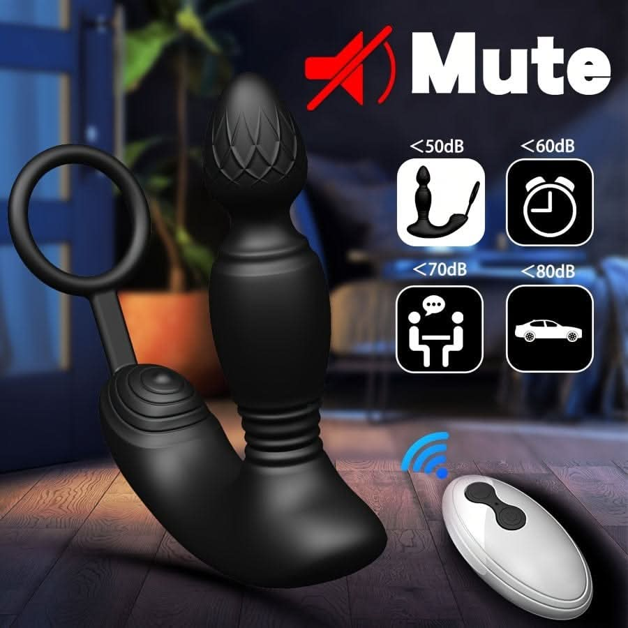 Potent 3 - Motor Thrusting Anal Vibrator with Penis Ring & Prostate Massage - 10 Modes, Waterproof, USB - Powered with Infrared Remote Control, Latex - Free - LustMia