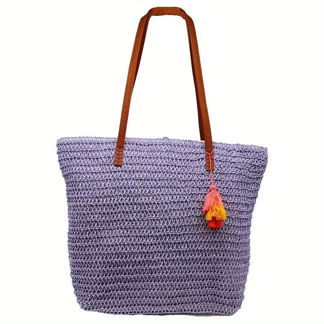 1pc, Woven Tote Bag, Stylish Straw Beach Bag, Mummy Bag With Tassel Charm, Fashionable Crafted Shoulder Bag For Summer Outings - LustMia