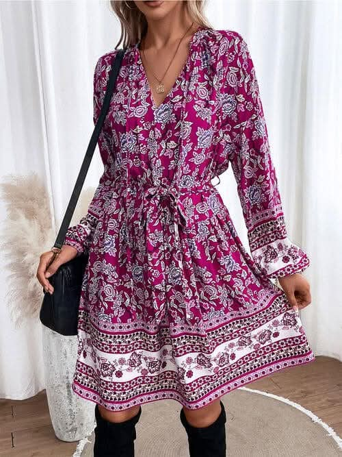 Floral Tie Neck Balloon Sleeve Dress - LustMia