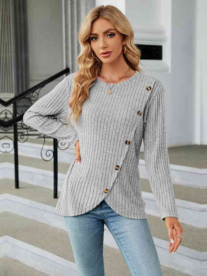 Round Neck Ribbed Button Detail Blouse - LustMia