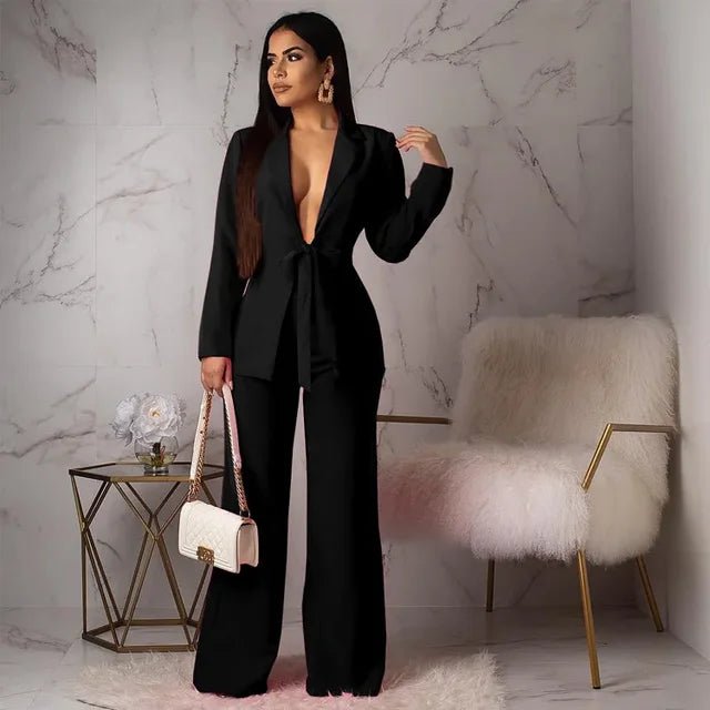 Matching Sets Cardigan Outerwear Full Length Wide Leg Pant Sets Solid Two Pieces set Loose Pockets Office Lady 2024 Spliced - LustMia