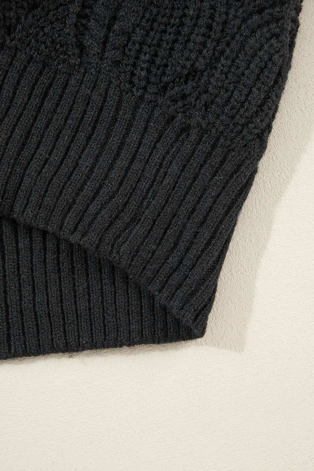 Black Hollow Out Knit V Neck Drop Shoulder Sweater - LustMia