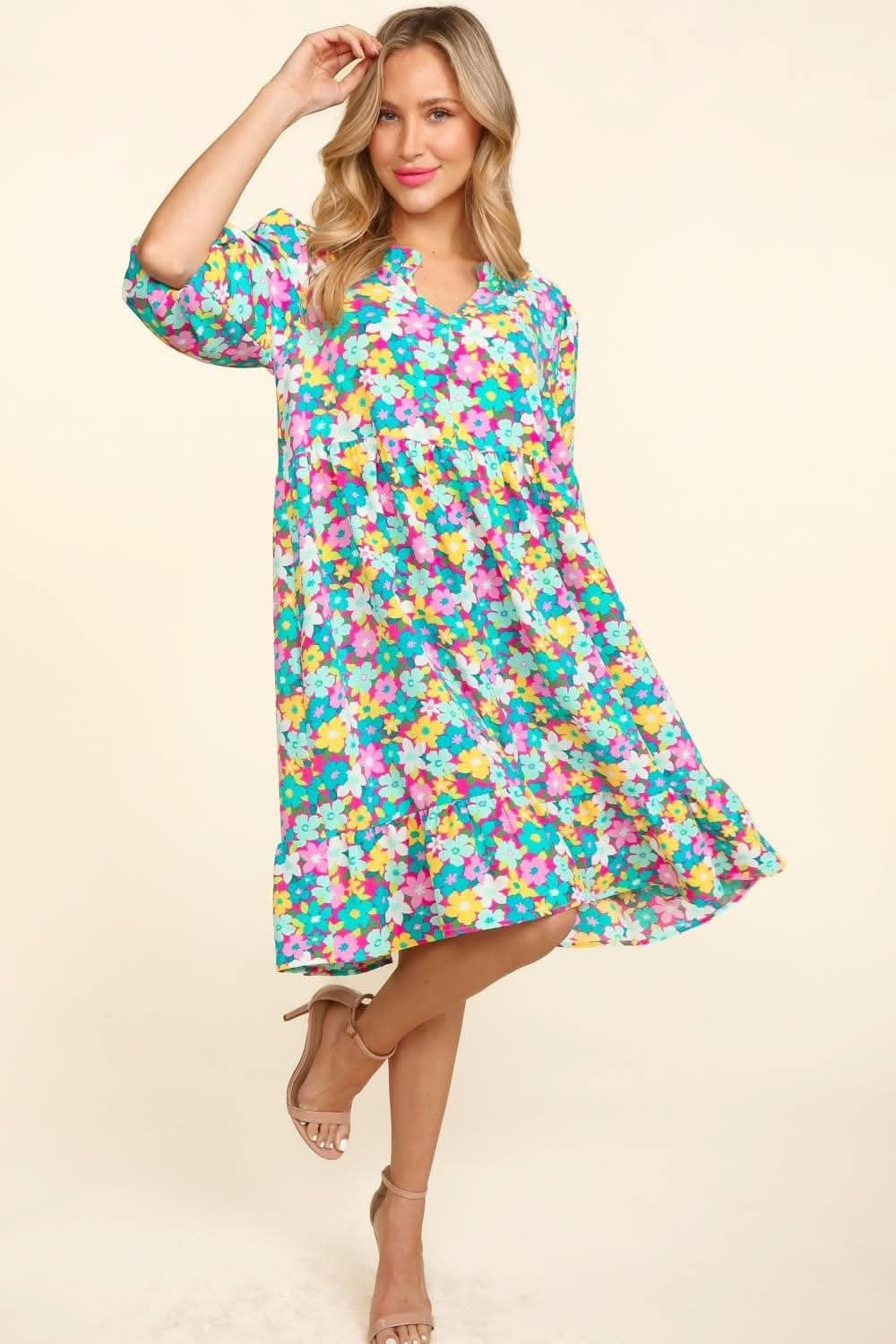 Haptics Bubble Sleeve Floral Ruffled Dress - LustMia