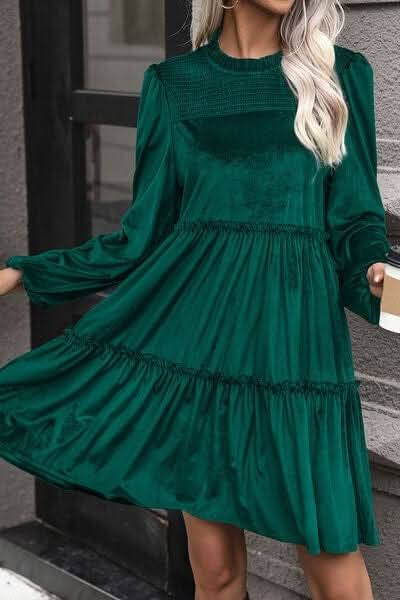 Smocked Balloon Sleeve Frill Trim Tiered Dress - LustMia