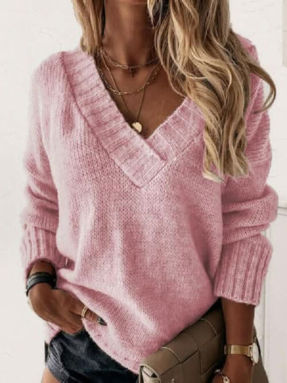 V - Neck Long Sleeve Knit Top - LustMia