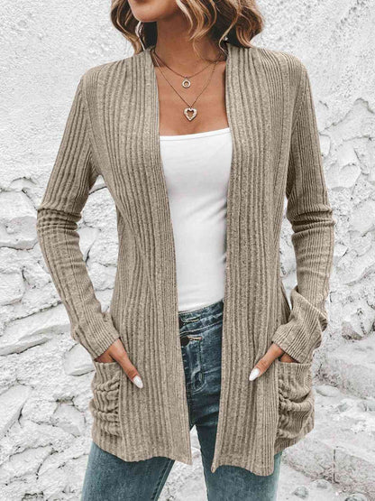 Ribbed Open Front Cardigan with Pockets - LustMia