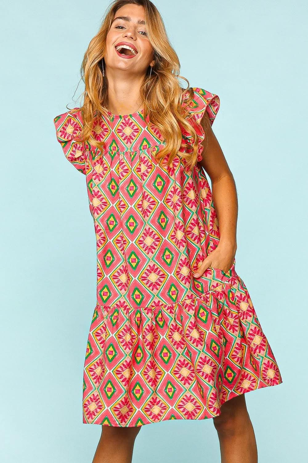 Haptics Full Size Ruffled Printed Dress with Side Pockets - LustMia