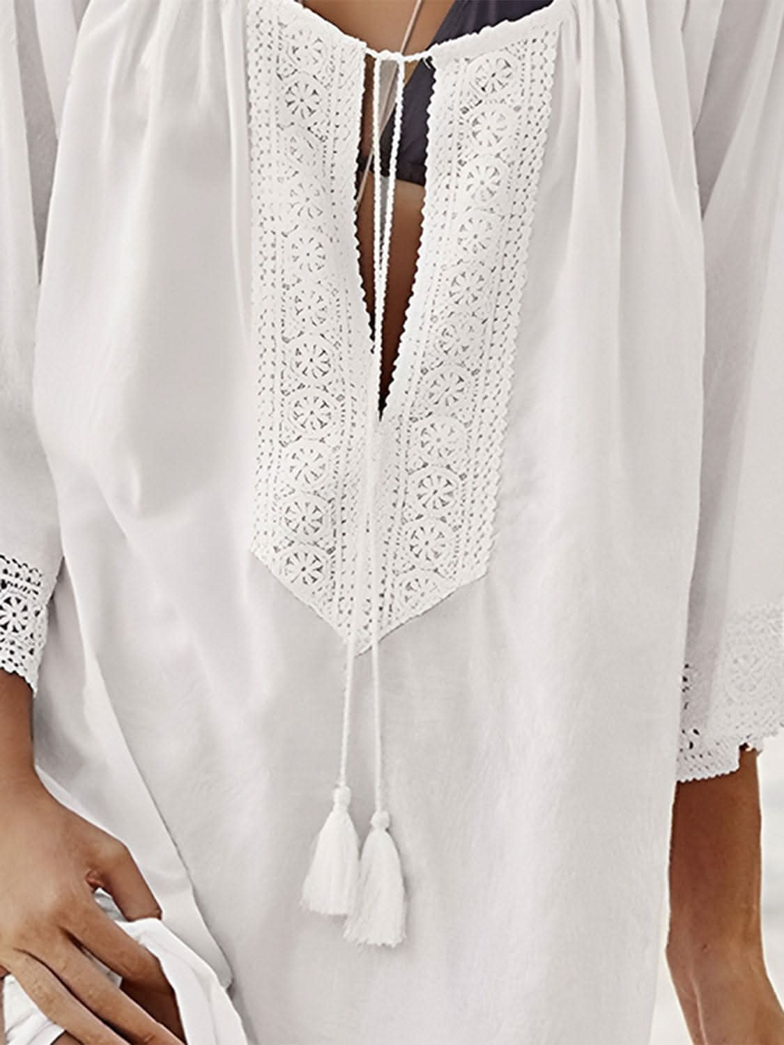 Lace Detail Tie Neck Three - Quarter Sleeve Cover Up - LustMia