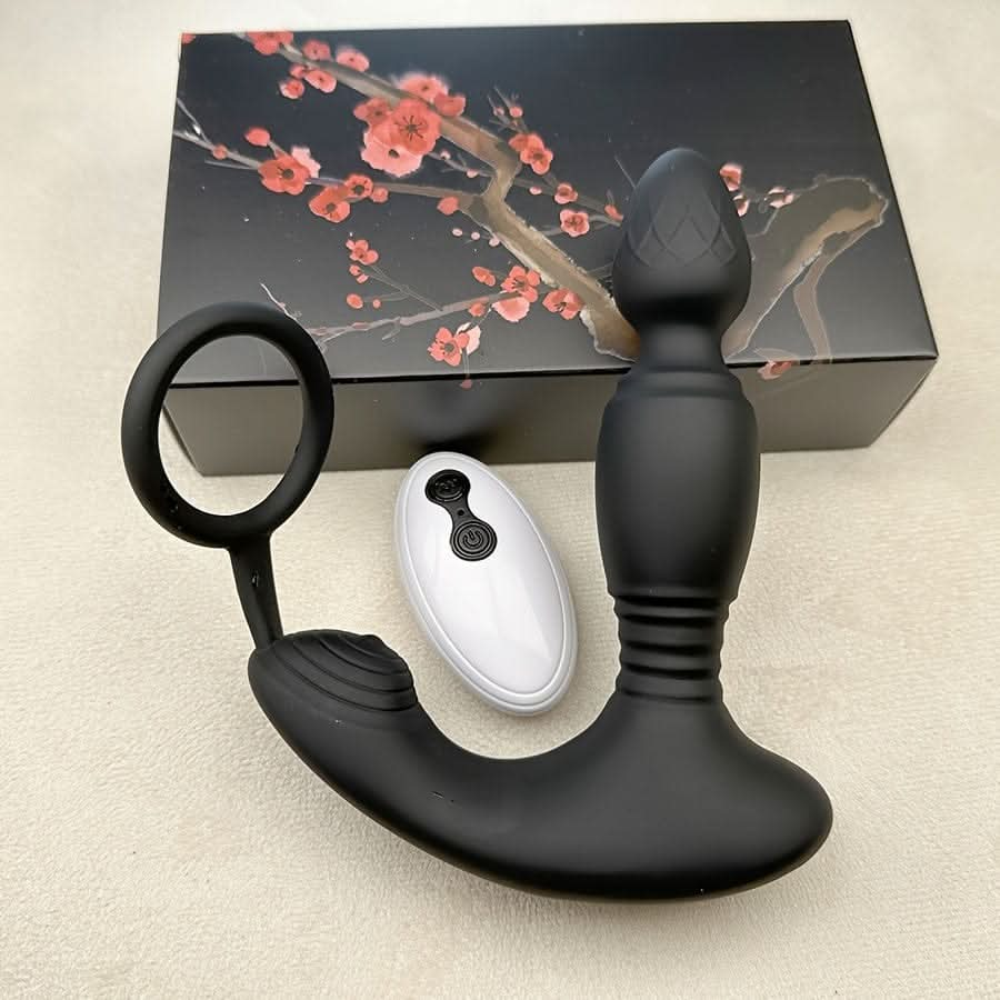 Potent 3 - Motor Thrusting Anal Vibrator with Penis Ring & Prostate Massage - 10 Modes, Waterproof, USB - Powered with Infrared Remote Control, Latex - Free - LustMia