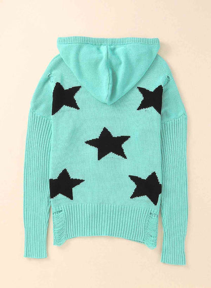 Woven Right Star Distressed Slit Hooded Sweater - LustMia