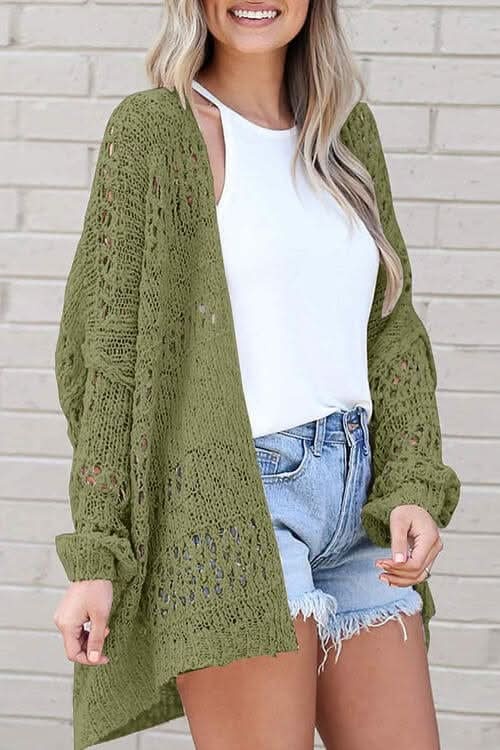 Openwork Open Front Long Sleeve Cardigan - LustMia