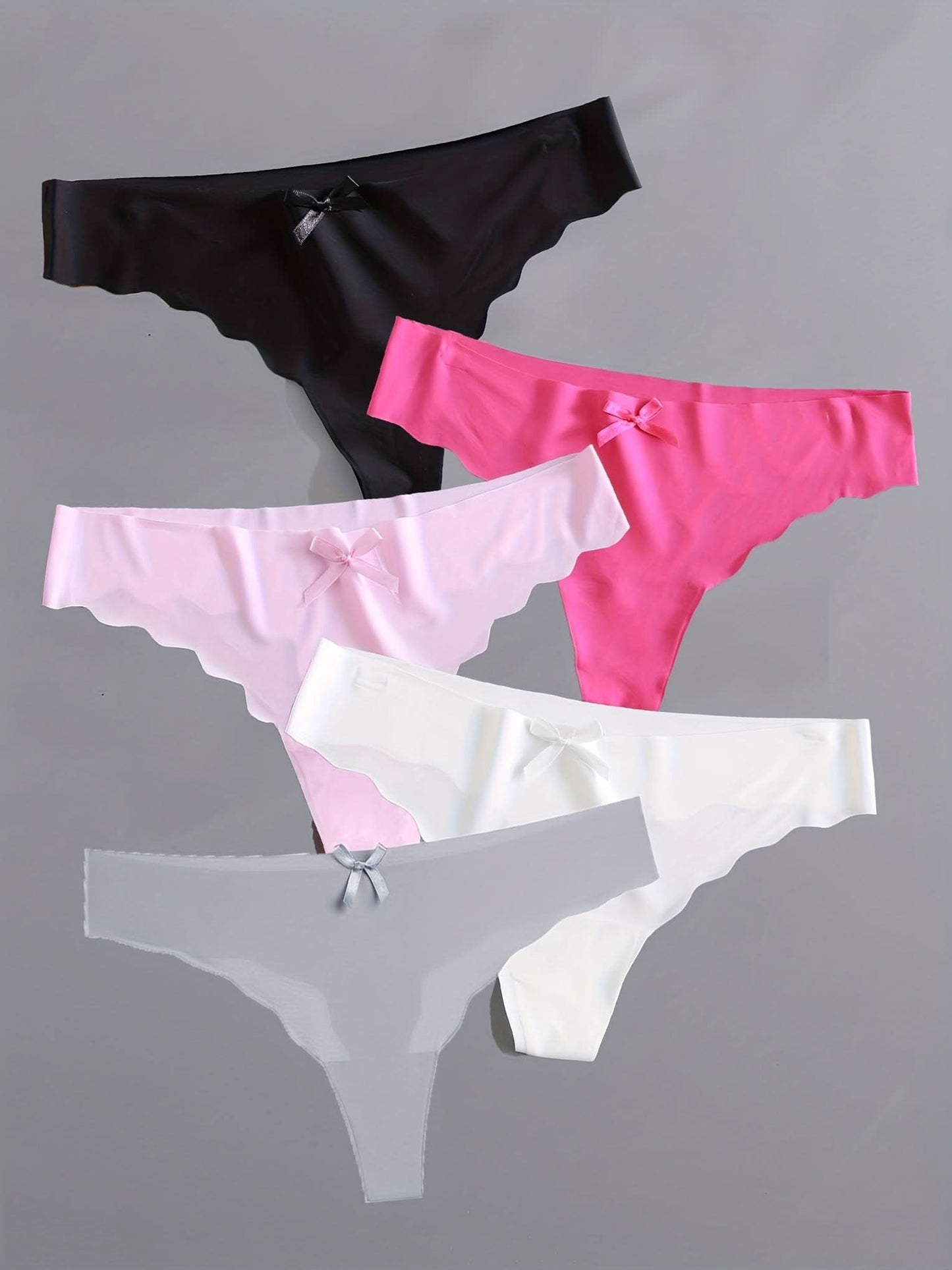 5pcs Scallop Trim Thongs, Seamless & Breathable Bow Tie Intimates Panties, Women's Lingerie & Underwear - LustMia