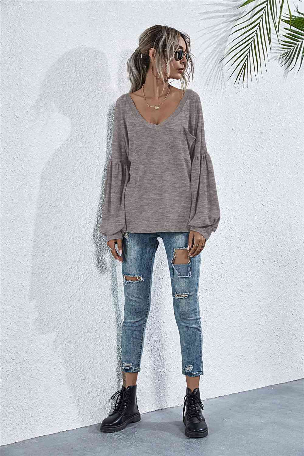 V - Neck Long Sleeve Dropped Shoulder Knit Top - LustMia