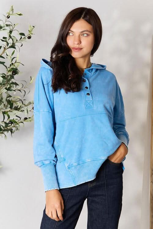 Zenana Half Snap Long Sleeve Hoodie with Pockets - LustMia