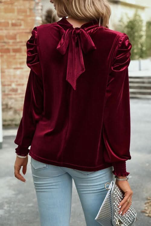 Tie Up Mock Neck Velvet Fabric Long Sleeve Blouse - LustMia