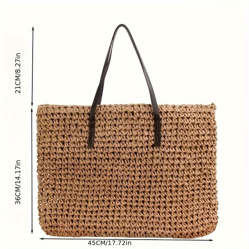 1pc Straw Woven Tote Bag (18.9''x14.17''/48cm*36cm), Luxury Handbag, Large Capacity Fashion Beach Shoulder Bag, Casual Summer Shopping - LustMia