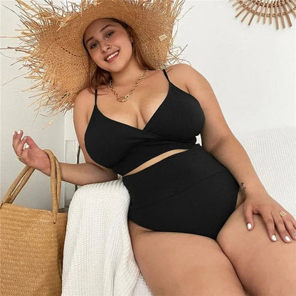 Women Plus Size Bikini Solid Color Bikini Two Piece High Waist Bikini Swimsuit Swimwear Gather Bikini Swimming Beach - LustMia